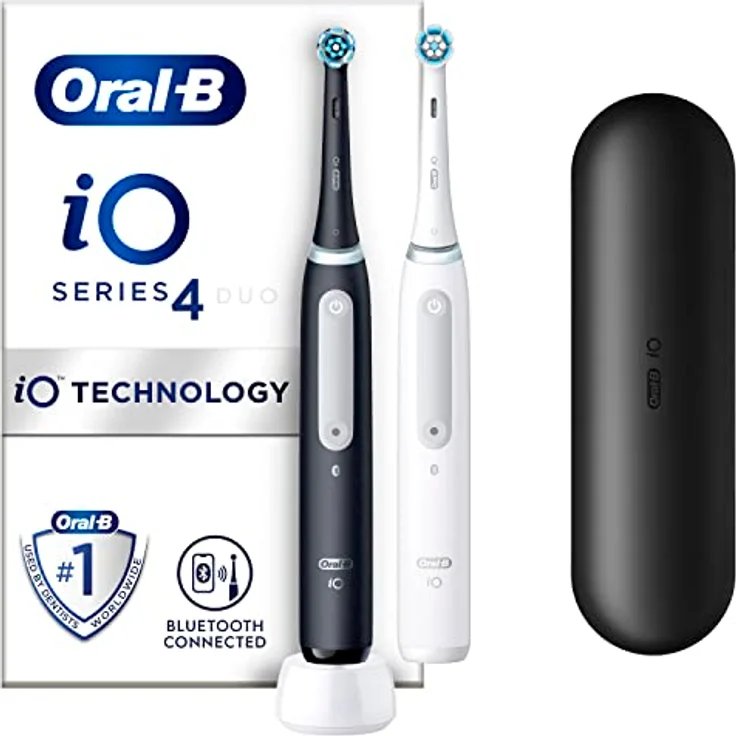 Oral-B iO 4 elektrische Zahnbürsten (2er-Pack) mit wiederaufladbarem Griff, 2 Aufsätzen und Reiseetui, entworfen von Braun - Schwarz und Weiß – Bild 1