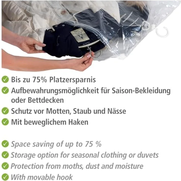 WENKO Vakuum Raumspar-Kleidersack XL, Vakuum Aufbewahrungsbeutel aus Polyethylen, 70 x 145 cm, Transparent, spart bis zu 75% Platz im Kleiderschrank – Bild 4
