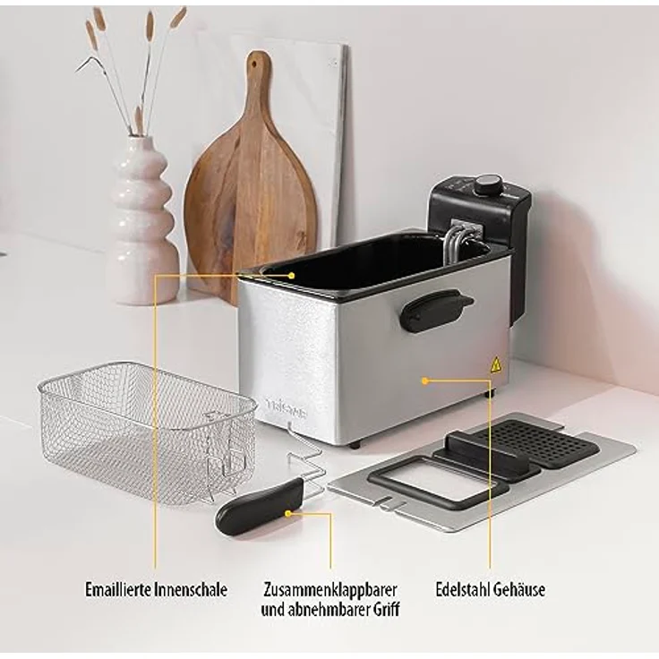 Tristar PRO FR-6947 Fritteuse, 2000 W, 3 L Fassungsvermögen, mit Öl, Drehregler, Edelstahl, Kunststoff, silber, schwarz – Bild 5