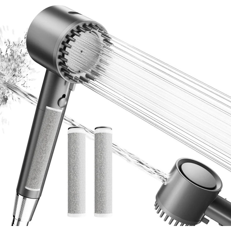 Cobbe Duschkopf-Set mit 20-stufigem Filter & 3x 2.0 Kohlefiltern, Hochdruck für hartes Wasser, 5 Sprühprogramme, Grau (inkl. Schlauch)
