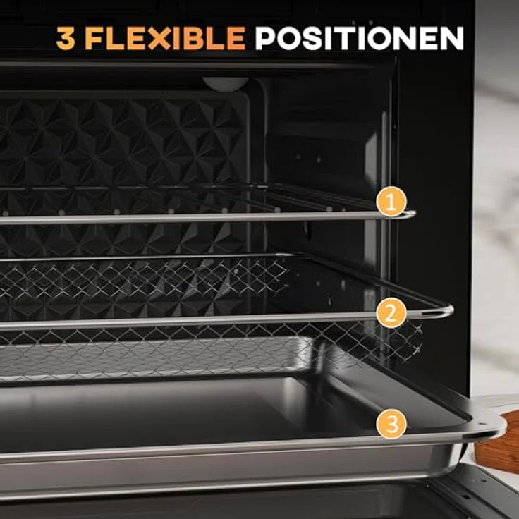 HOMCOM Minibackofen 20L, 5 in 1 Pizza-Ofen inkl. Backblech Set, Frittierkorb, Krümelblech, 1 Std. Timer, 90-230℃, 1400 W Elektrischer Mini Ofen mit Umluft, Schwarz – Bild 4
