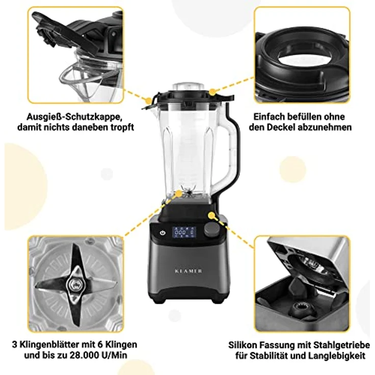 KLAMER K-PB-GY-1800 Power Mixer Standmixer, 1800W, 1,75L, Smoothie Maker, 28000 U-Min, 9 Programme und 8 Klingen, BPA frei, schwarz – Bild 5