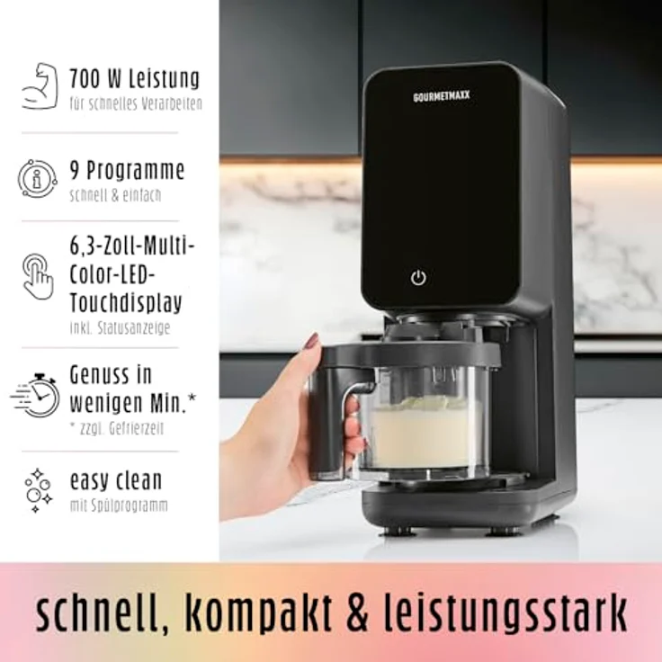 GOURMETmaxx Eismaschine SmoothUp Touch, 700 Watt, 9 Programme, LED Display, inkl. 2 Becher – Bild 8