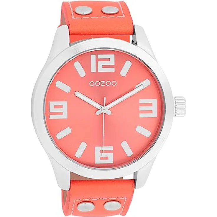 OOZOO Quarzuhr C1073, Armbanduhr für Damen und Herren, korallefarbenes Lederarmband, Ø 46mm, spritzwassergeschützt
