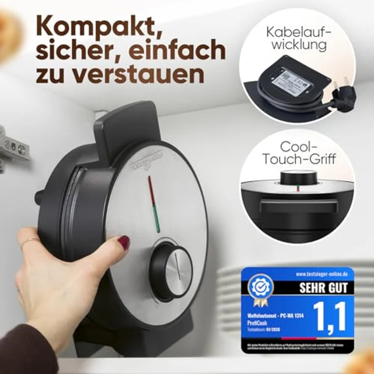 ProfiCook Waffeleisen PC-WA 1314, Herzform mit Antihaftbeschichtung, 1200W, stufenlos einstellbare Bräunungsgrade, edelstahl, wärmeisolierter Griff – Bild 4