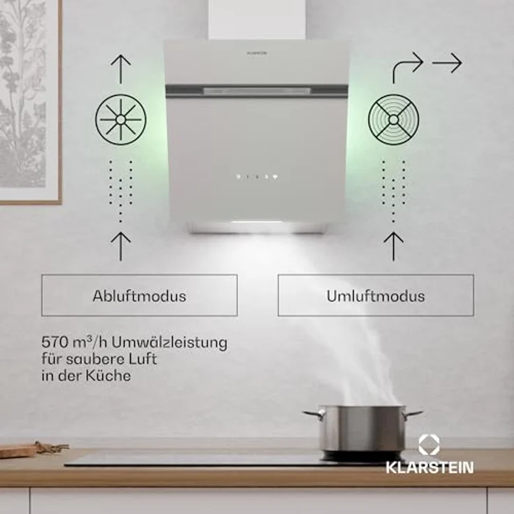 Klarstein Alina Dunstabzugshaube – 540 m³/h, Touch-Bedienfeld, LED-Beleuchtung, Energieeffizienzklasse A, 3 Leistungsstufen, Umluftbetrieb, Schwarz, Wandhaube – Bild 2