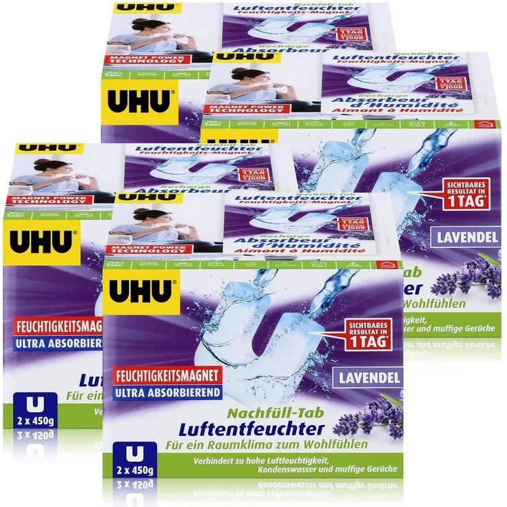 UHU Luftentfeuchter Nachfüll-Tab Lavendel, 2 x 450g Feuchtigkeits-Magnet für gesunde Luftqualität