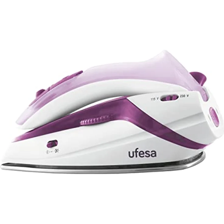 UFESA PV0500 Reisedampfbügeleisen, Reise Dampfbügeleisen, mit Klappgriff, 1.100 W Maximum, Doppelspannung 110 - 230V, weiß und violett, Edelstahl Sohle – Bild 3