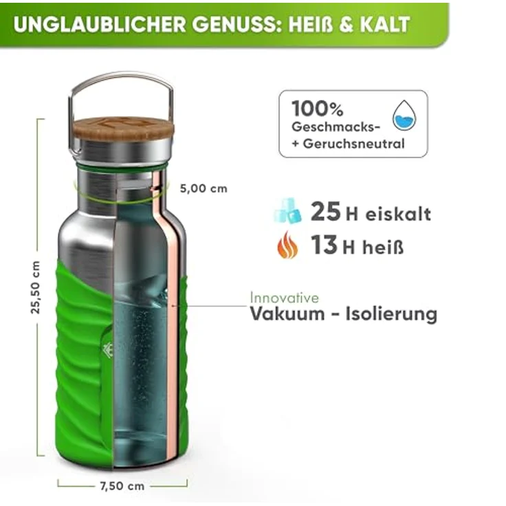 Blockhütte Edelstahl Trinkflasche 750ml I Auslaufsicher, BPA-Frei, Mit Silikonmantel, Thermosflasche für Kinder & Erwachsene, Kohlensäure geeignet – Bild 3