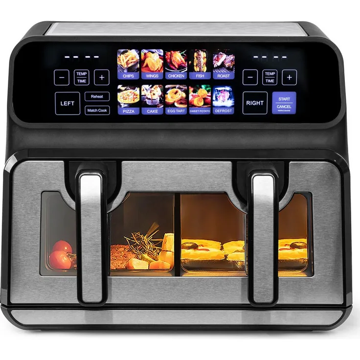 Leawin Heißluftfritteuse 9L Doppelkammer, 2200 W mit Touch Display und Sichtfenster, Silber/Edelstahl