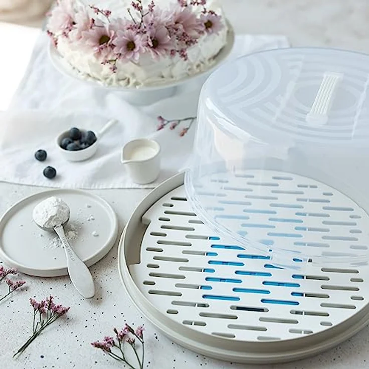 BranQ - Home essential runder Kuchenbehälter mit hoher Abdeckung, praktischem Tragegriff und mit Kühleinsatz, Kunststoff (PP) BPA-frei, creme/transparent, 334 x 156 mm – Bild 3