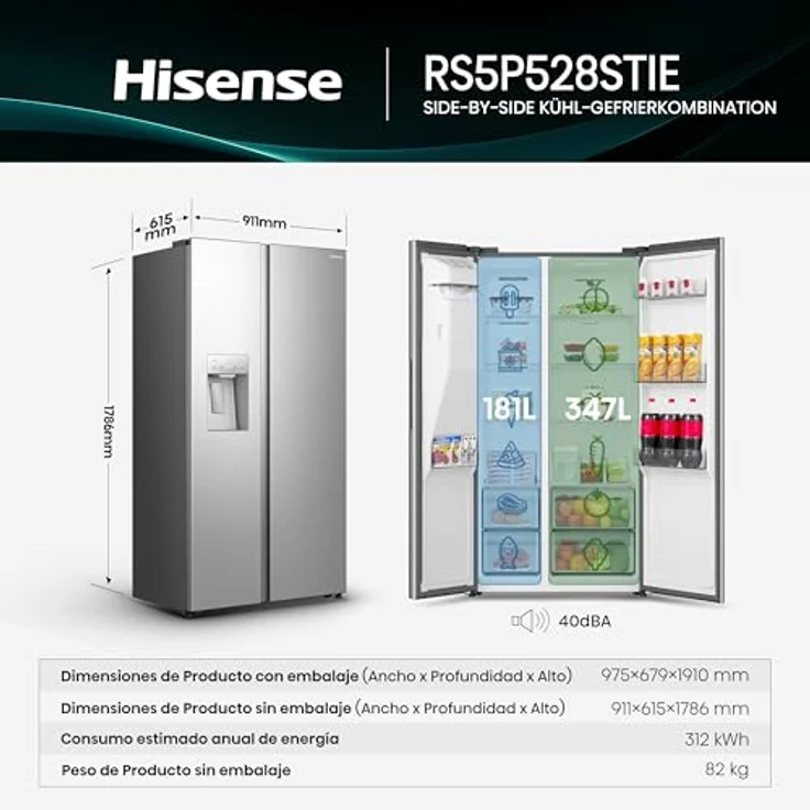 Hisense RS5P528STIE, Side-by-Side Kühl-Gefrier-Kombination in Edelstahl, 347 Liter Nutzinhalt, No-Frost-Technik, für 3-4 Personen, Energieeffizienzklasse E – Bild 2