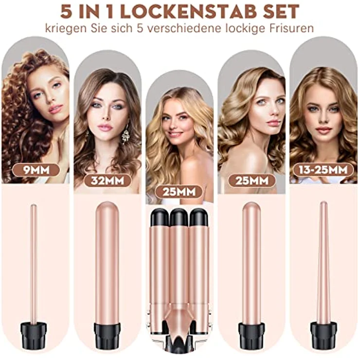 Lockenstab set 5 in 1 Welleneisen - Lockenstäbe 3 Fässer für Große Keine Locken Keramik Lockenwickler mit Verschiedenen Aufsätzen Temperatureinstellung Schnelle Erwärmung mit Handschuh und 2 Clips – Bild 2