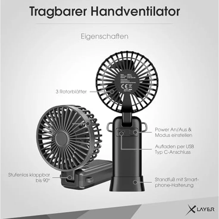 XLAYER klappbarer Handventilator mit Smartphone-Halterung, wiederaufladbar 1.200 mAh, 5 Geschwindigkeitsstufen, beige – Bild 2