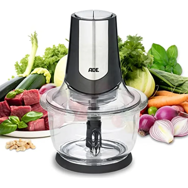 ADE Kraftvoller elektrischer Zerkleinerer | starker 500 W Motor | große 1,2 l Glasschüssel | 4 Edelstahlklingen | 2 Geschwindigkeiten | Zwiebeln, Gemüse, Fleisch | Zwiebelschneider