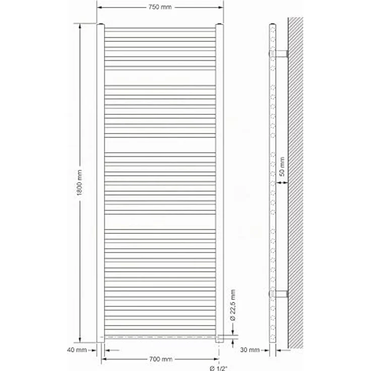LuxeBath Badheizkörper 750x1800mm, Weiß, Gerade mit Seitenanschluss, hohe Wärmeleitfähigkeit – Bild 2