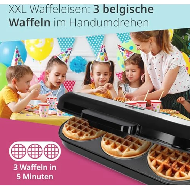 ADE XXL Waffeleisen belgische Waffel | für 3 runde Waffeln gleichzeitig | 1.200 Watt Power | Antihaftbeschichtung | perfekt für Kindergeburtstag & Familienfeiern – Bild 2