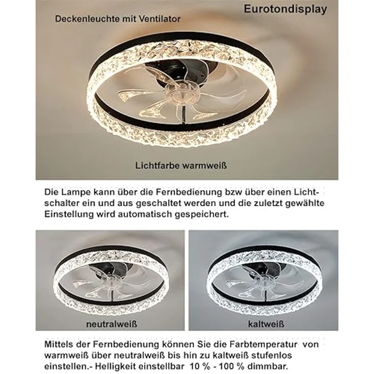 Eurotondisplay Deckenventilator mit LED Beleuchtung D3305 Ø 50cm 96W Fernbedienung dimmbar Lichtfarbe/Helligkeit einstellbar vent fan light ceiling (D3305) – Bild 5