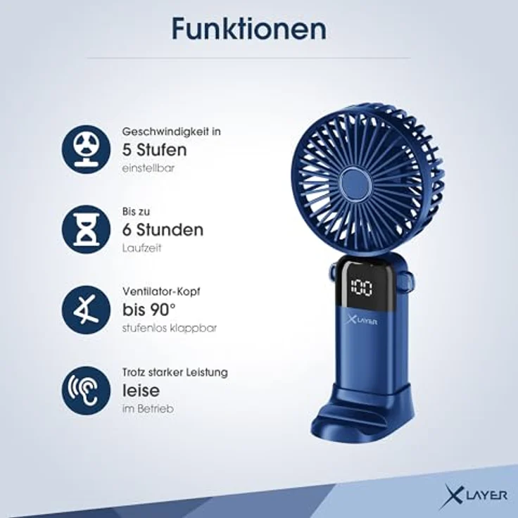 Xlayer Klappbarer Handventilator mit Smartphone Halterung, 1.200 mAh Akku, 5 Geschwindigkeiten, Blau – Bild 3