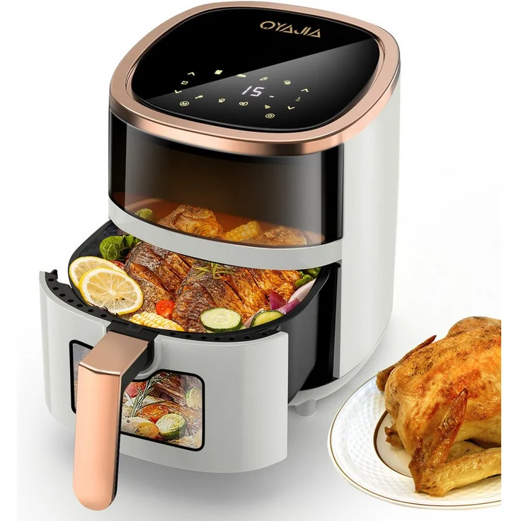 LETGOSPT Heißluftfritteuse 6L mit Sichtfenster, 1800W, 8 Programme, bis 200°C, schnelles und gesundes Garen, rauchfreies Kochen