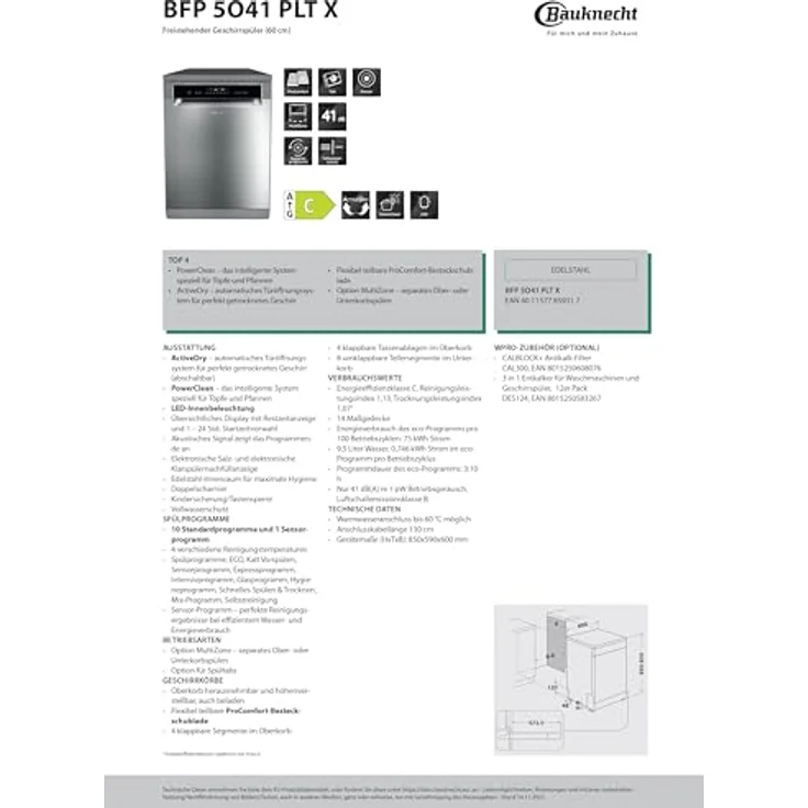 Bauknecht BFP 5O41 PLT X, Geschirrspüler, C, Geräuschemissionsklasse B, Geräuschemissionen 41 Dezibel – Bild 17