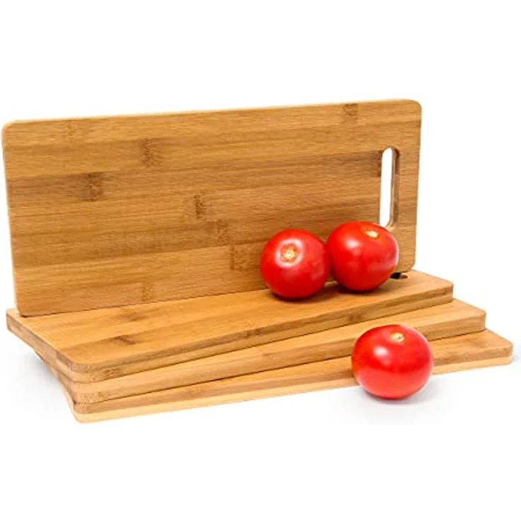 Relaxdays Schneidebrett Bambus mit Griff H x B x T: ca. 1,5 x 35 x 15 cm Küchenbretter im 4er Set auch als Frühstücksbrettchen und Servierbrett aus Holz beidseitig nutzbar messerschonend robust, natur – Bild 2