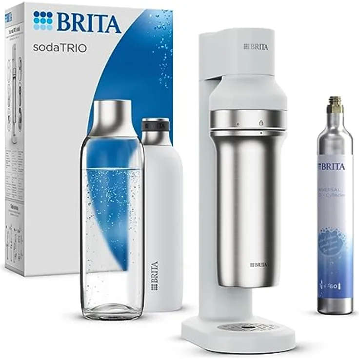 BRITA Wassersprudler sodaTRIO (weiß) inkl. 1x Glasflasche (1l), 1x isolierte Edelstahlflasche weiß (0,65l) & 1x BRITA CO2-Zylinder / macht aus Leitungswasser prickelndes Sprudelwasser zu Hause - Preisvergleich