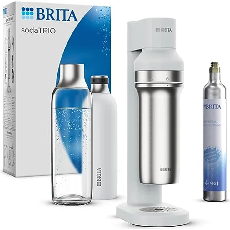 BRITA Wassersprudler sodaTRIO (weiß) inkl. 1x Glasflasche (1l), 1x isolierte Edelstahlflasche weiß (0,65l) & 1x BRITA CO2-Zylinder / macht aus Leitungswasser prickelndes Sprudelwasser zu Hause