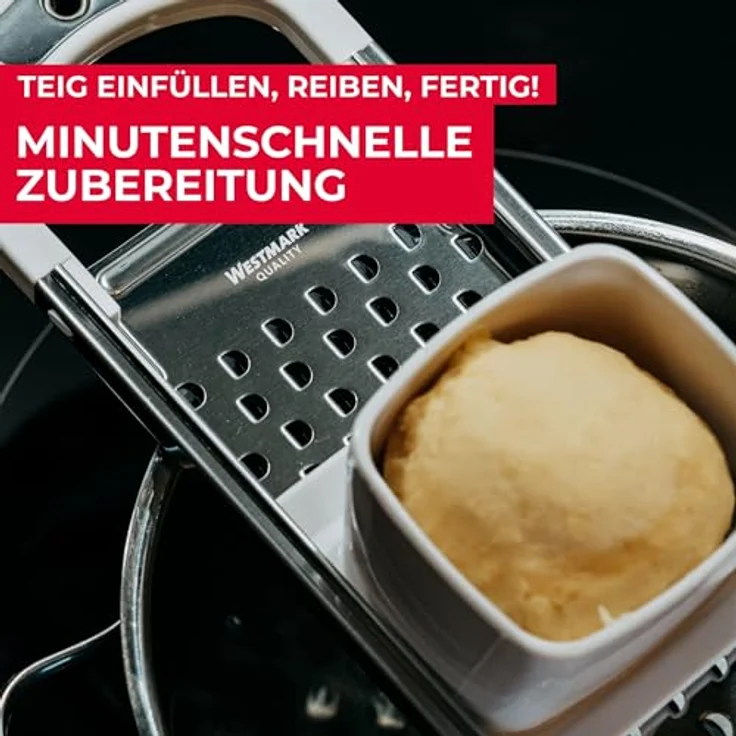 Westmark Spätzlehobel mit Teigschlitten, Spätzlereibe für Topfdurchmesser bis zu 24 cm, Rostfreier Edelstahl-Kunststoff, Knöpfle, Weiß-Silber, 61122270 – Bild 7