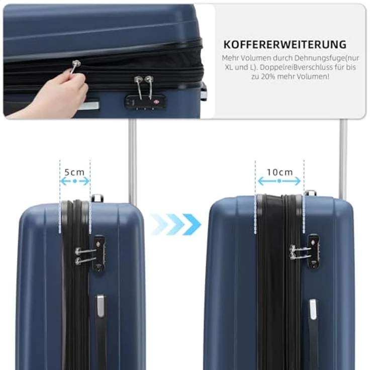 BEIBYE TSA-Schloß 2080, 3-teiliges Reisekofferset mit Zwillingsrollen, Hartschale, Dunkelblau, erweiterbar, Größe XL und L, 115L und 75L Volumen – Bild 3