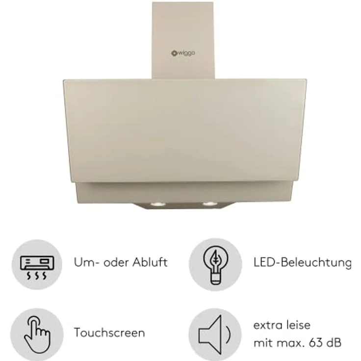 Wiggo Dunstabzugshaube 50cm kopffrei I Abluft Umluft Dunstabzug 300m³/h - LED Touch-Display 3 Stufen I Schräghaube inkl. Fettfilter & 2x Kohlefilter I Abzugshaube mit 2 teiliger Glasfront creme – Bild 2