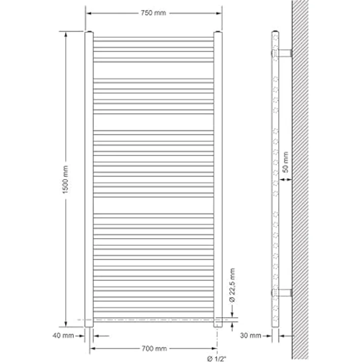 LuxeBath Badheizkörper 750x1500mm Weiß gerade, Heizstab 1200W, platzsparendes Design, hohe Wärmeleitfähigkeit – Bild 2