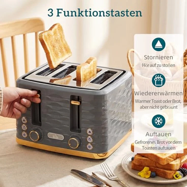 HOMCOM 4-Scheiben-Toaster mit 7 Bräunungsstufen, High-Lift, grau, automatische Abschaltung, Herausnehmbare Krümelschublade, 1860W – Bild 5