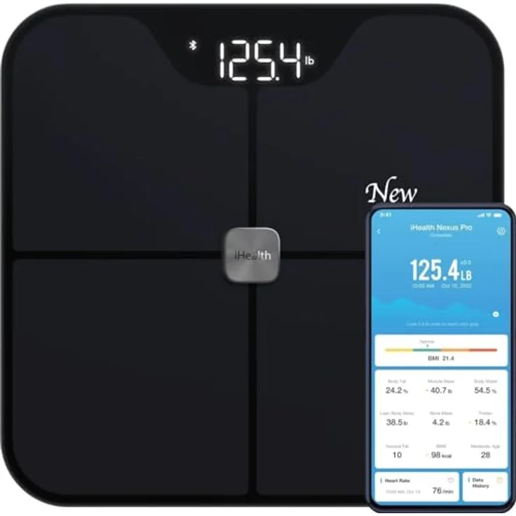 iHealth Nexus PRO Connected WellnessWaage für 12 Körpermetriken – Gewicht, Körperfett usw. – Intelligente Benutzererkennung nach Profil, personalisierte WellnessTrends und Ziele, max. 180 kg, Schwarz – Bild 1