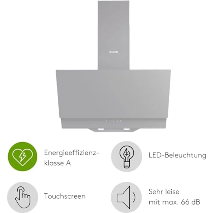 Wiggo A642 Dunstabzugshaube 60cm kopffrei I Abluft Umluft Dunstabzug 626m³/h - Touch-Display 4 Stufen I Energieeffizienzklasse A Schräghaube inkl. 2x Kohlefilter I Abzugshaube Glasfront grau – Bild 2