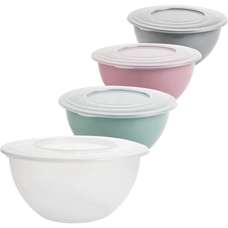 2friends Schüssel mit Deckel 5l 4er Set - Vielseitige Salatschüssel und Rührschüssel, BPA-freies PP, Trendfarben Mix: Hellgrau, Pastellrosa, Grün, Transparent, Ø 28 cm, EU-Fertigung