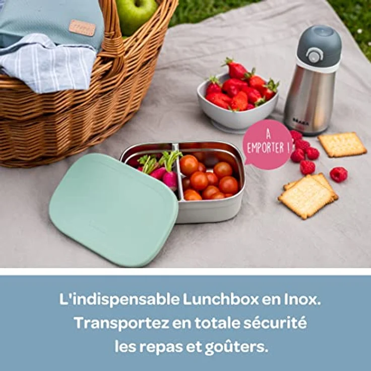 BÉABA, Lunchbox Kind, Brotdose Kinder mit Fächern, Auslaufsicher & BPA Frei, Edelstahldose, Bento Box Kinder, Silikonhülle, extrem robust, ideal für Kindergarten und Schule, 760mL, grau/Puderrosa – Bild 2