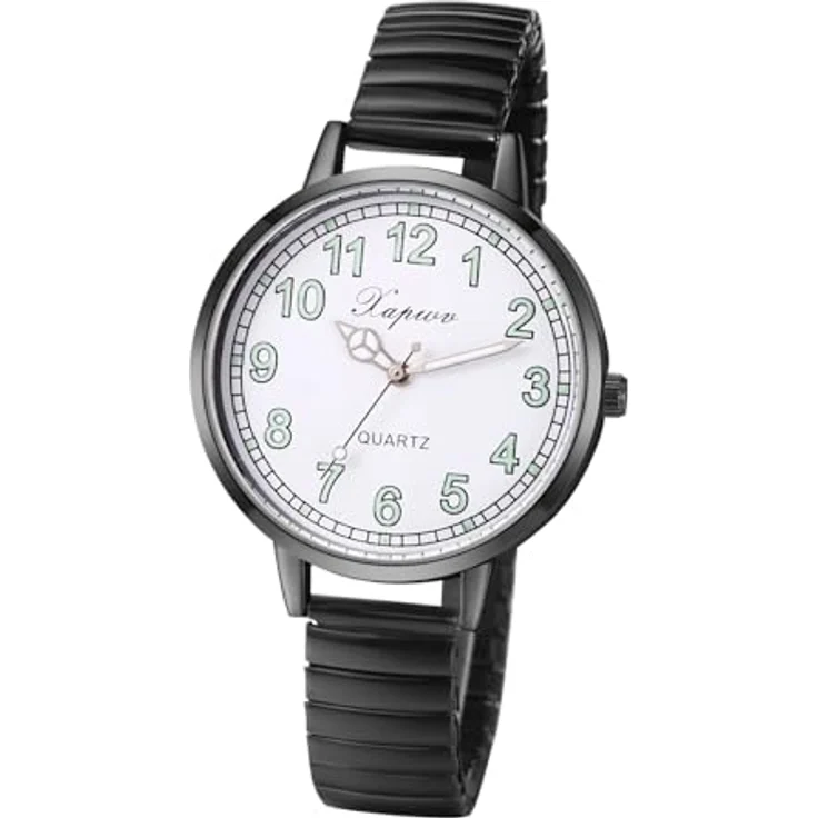 JewelryWe Damenuhr Elastische Uhr für Senioren, Schwarz Analog Quarz mit großem Zifferblatt und Edelstahl Stretcharmband – Bild 1