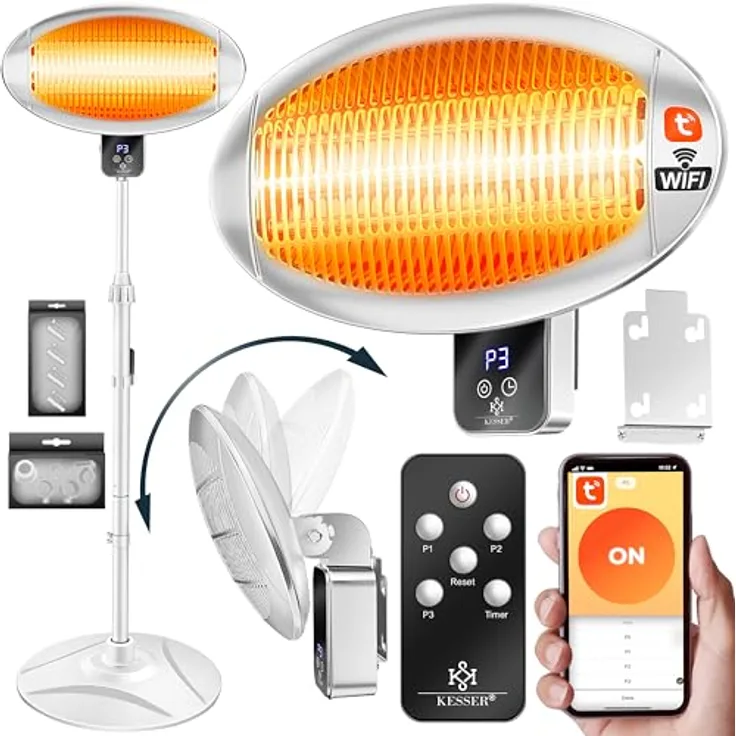 KESSER® Infrarot Heizstrahler 2000W, Terrassenstrahler mit WIFI & Fernbedienung, 360° drehbar, höhenverstellbar, IPX4 spritzwassergeschützt, Stand- & Wandmontage, für Balkon & Garten
