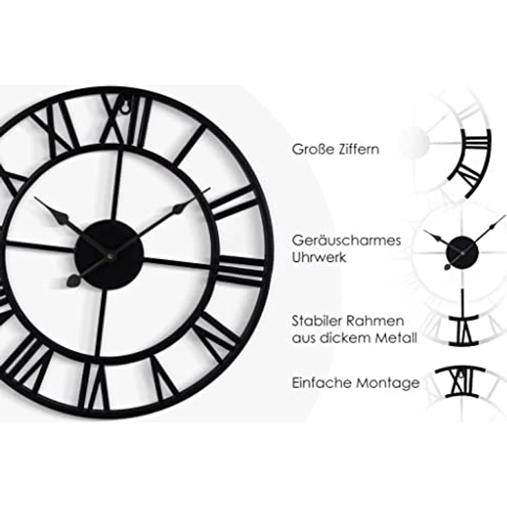 Samilito Große Wanduhr im Vintage-Stil, rund, geräuschlos, schwarz, 2cm Dicker Rahmen, Gratis EIN Extraset Uhrzeiger in Gold, Metalluhr für Lof Wohnzimmer, Schlafzimmer und Küchendekoration – Bild 3