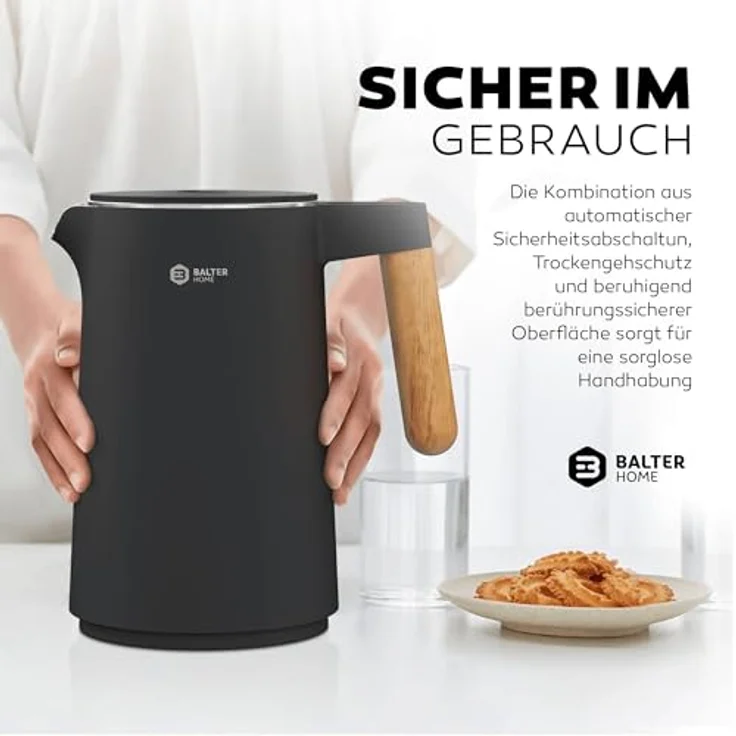 BALTER WK-08-BL Edelstahl-Wasserkocher, 2200W, 1,5L, doppelwandig, kabellos, Warmhaltefunktion, schwarz – Bild 7