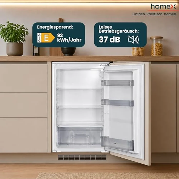 homeX CB1291E, Einbaukühlschrank ohne Gefrierfach für 88 cm Nische, 129 Liter, LED-Beleuchtung, 37 dB, Schlepptürtechnik – Bild 5