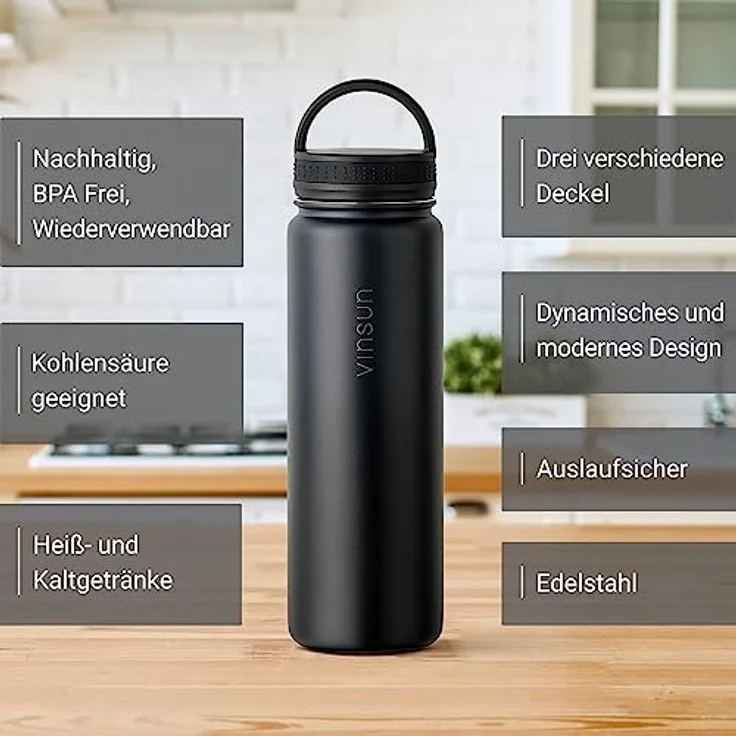VINSUN Trinkflasche Edelstahl 500ml schwarz - auslaufsicher, Kohlensäure geeignet, BPA frei - 3 Deckel - Thermosflasche Sport, Outdoor, Schule, Uni, Fahrrad, Büro, Wandern – Bild 2