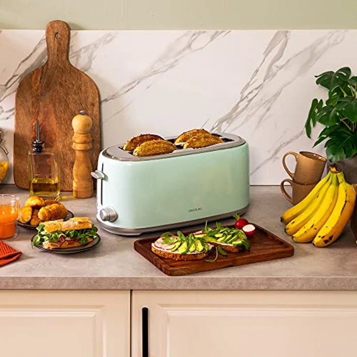 Cecotec Toast&Taste 1600 Retro Double Green, 4 Scheiben, 1630 W, 2 Schlitze mit 3,8 cm Breite und Länge, Edelstahl, obere Stäbe, verstellbare Leistung, Krümelauffangschale – Bild 2