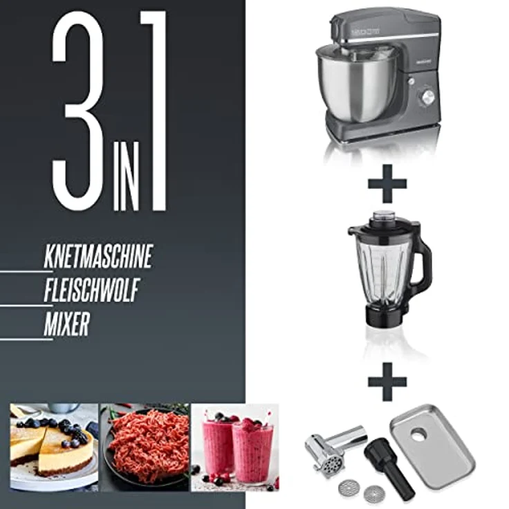 Heinrich´s HKM 8083 3in1 Küchenmaschine, 1500 W, 10 l Schüssel, 6 Geschwindigkeiten, Multifunktional, mit Knetmaschine, Fleischwolf und Mixer – Bild 3