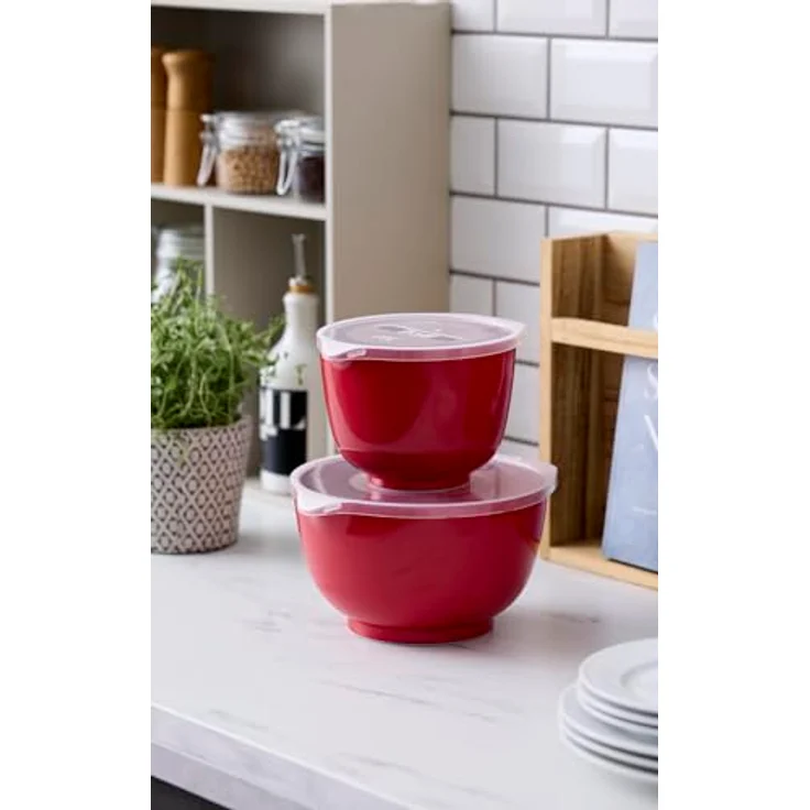 Rosti Margrethe Rührschüssel Set, 4-teilig mit 2 Schüsseln (1,5L und 3L) und 2 Deckeln, aus Kunststoff, temperaturbeständig, rot – Bild 2