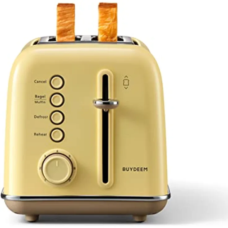 Buydeem DT620-MY, Toaster mit 900 Watt, Edelstahlgehäuse, Aufwärm- und Auftaufunktion, Gelb