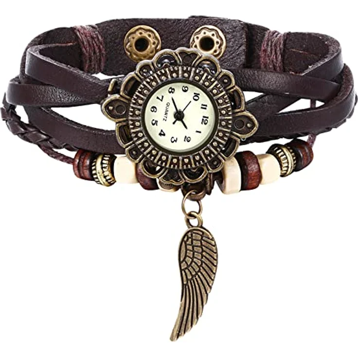 JewelryWe Retro Analog Quarz Armbanduhr für Damen, Braun mit geflochtenem Lederarmband und Engel Flügel Anhänger – Bild 1