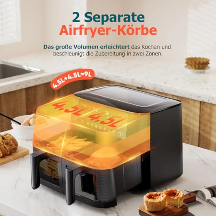 cookwise Heißluftfritteuse 2 Kammern, 9L Airfryer mit Touchscreen, spülmaschinenfesten Antihaftkörben, fettarm und 9-in-1 Funktion, mit Sichtfenster – Bild 2