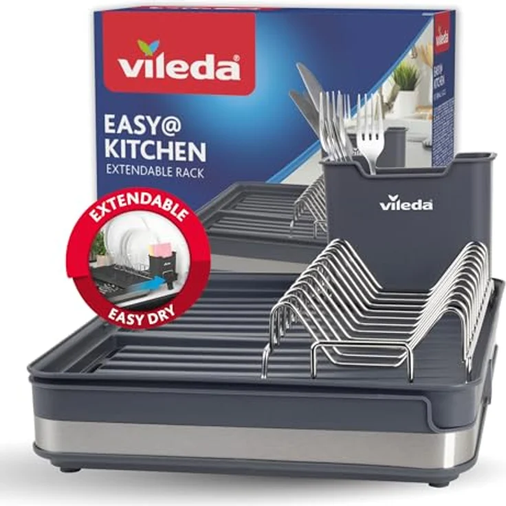 Vileda Abtropfgestell Geschirr - Platzsparendes Design mit Besteckhalter, ausziehbar, Rostfrei & Langlebig - Perfekt für Teller, Gläser & Besteck, Edelstahl/Kunststoff – Bild 1